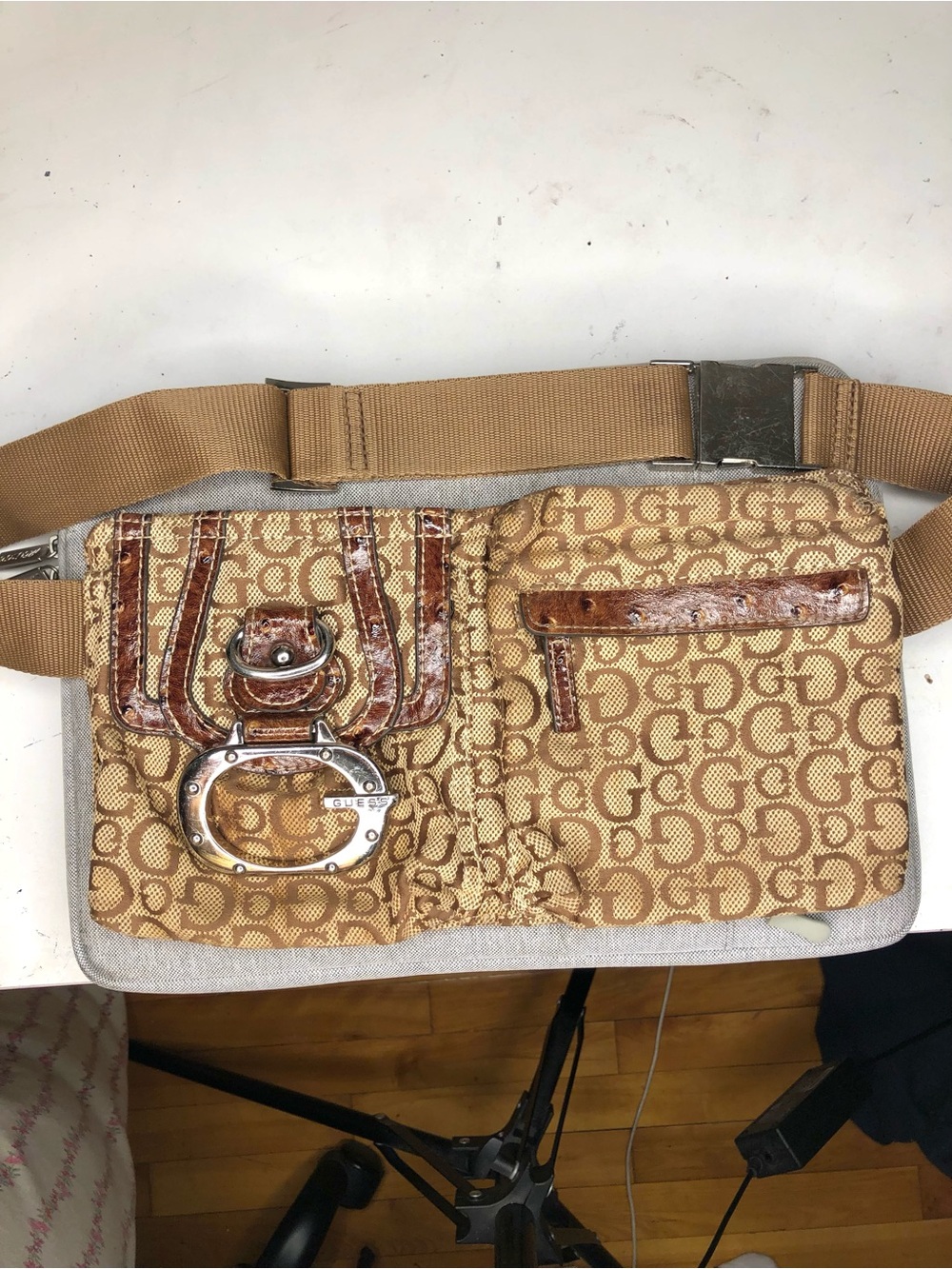 GUESS Signature Monogram Crossbody Belt Bag in Tan